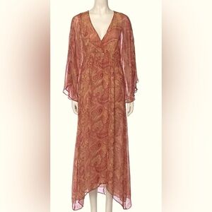 Alice + Olivia Pink Silk Chiffon Long Dress Sz S Paisley Print V-Neck Slit Gown